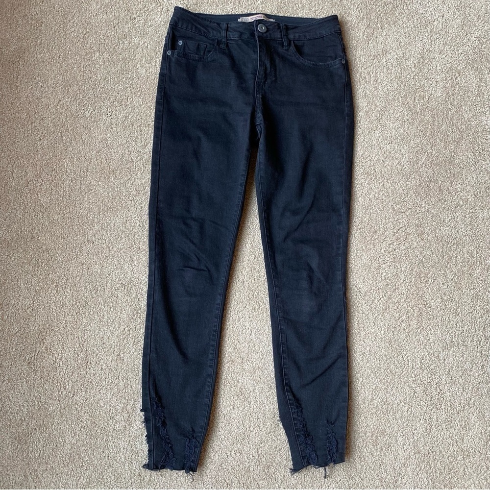 Black Distressed HWY Skinny Mid Rise Jeans Denim Fray Hem